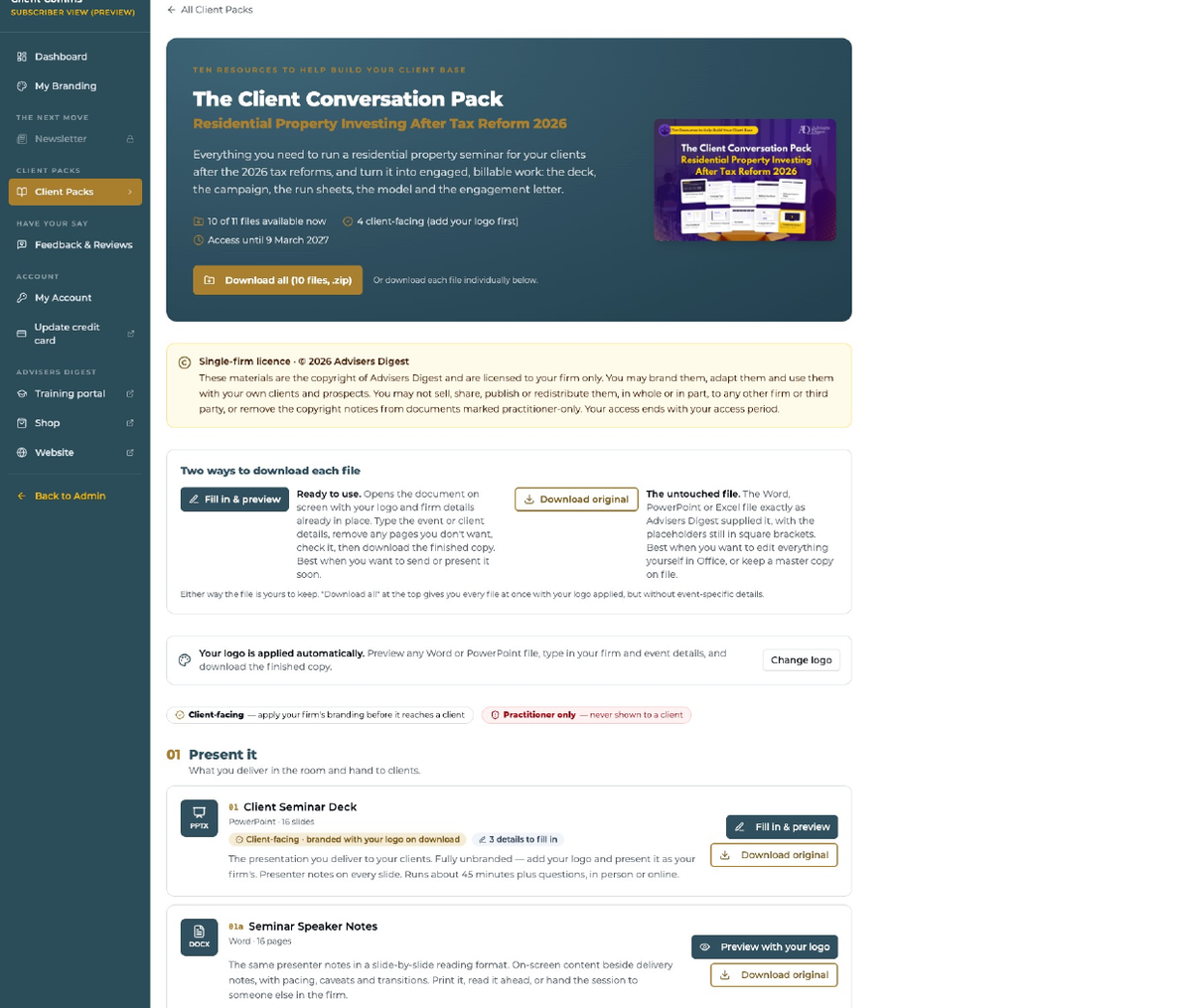 The Advisers Digest Client Communication Portal showing branded document previews and editable download options
